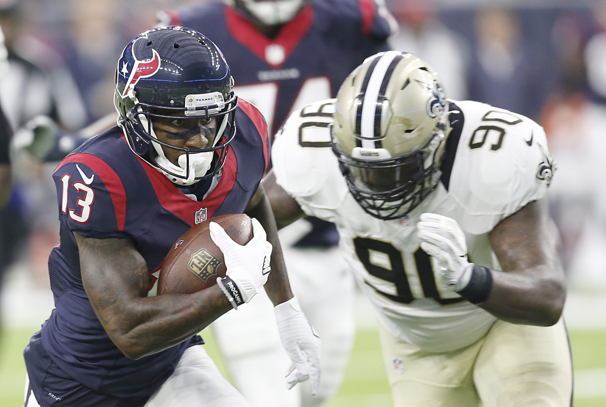 Aug 20, 2016; New Orleans Saints defensive tackle Nick Fairley (90) chases down Houston Texans wide receiver Braxton Miller (13). Mandatory Credit: Thomas B. Shea-Imagn Images