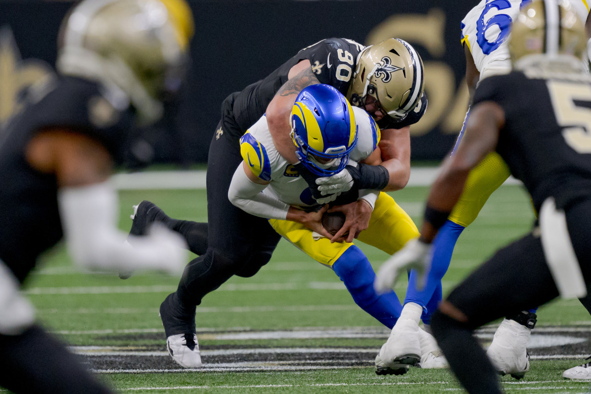 Dec 1, 2024; New Orleans Saints defensive tackle Bryan Bresee (90) sacks Los Angeles Rams quarterback Matthew Stafford (9). Mandatory Credit: Matthew Hinton-Imagn Images