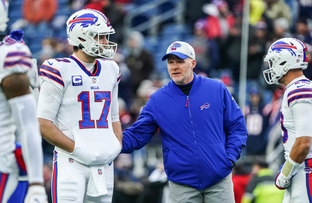 Buffalo Bills quarterback Josh Allen (17) and head coach Sean McDermott on the field before the start of the game against the New England Patriots at Gillette Stadium.