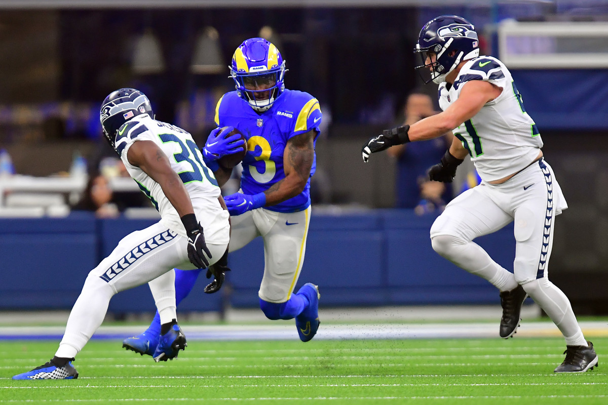 Los Angeles Rams running back Cam Akers (3) runs the ball against the Seattle Seahawks. Mandatory Credit: Gary A. Vasquez-Imagn Images