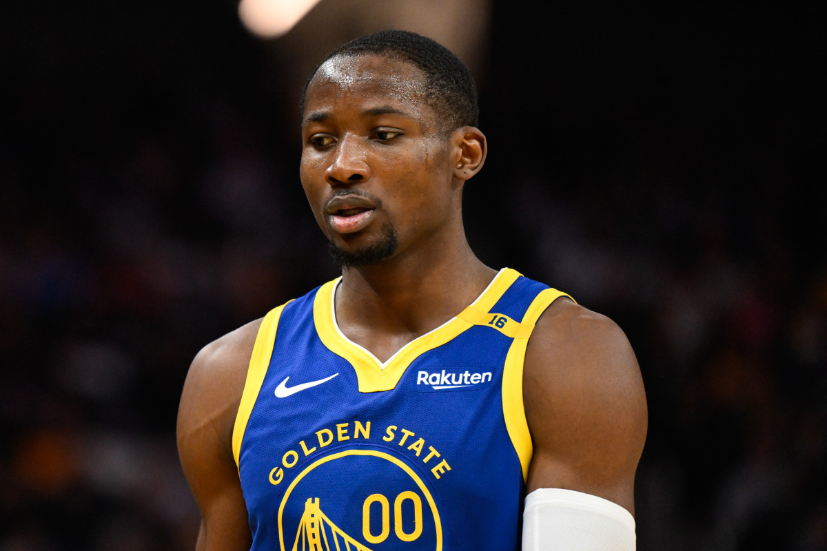 Dec 23, 2024; San Francisco, California, USA; Golden State Warriors forward Jonathan Kuminga (00) looks on against the Indiana Pacers in the third quarter at Chase Center. Mandatory Credit: Eakin Howard-Imagn Images 