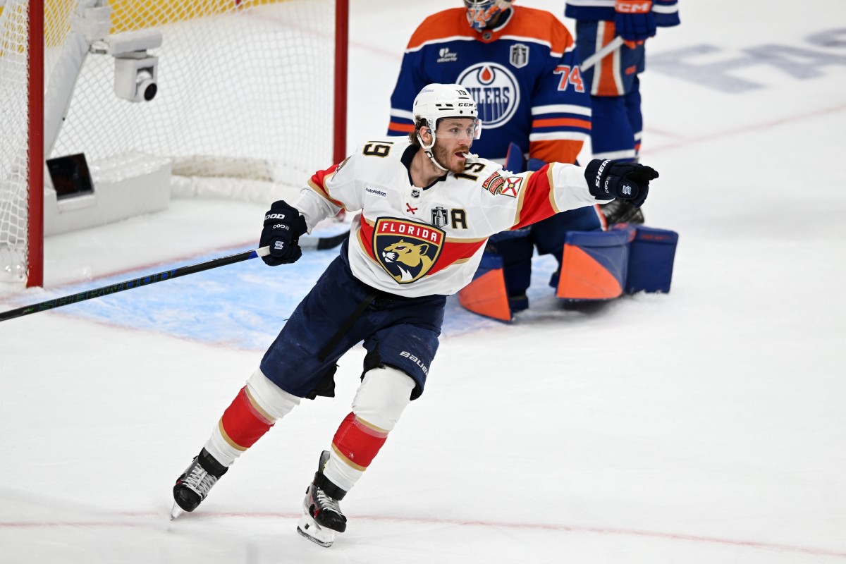 Florida Panthers center Sam Bennett (9) reacts after scoring a goal against Edmonton Oilers goaltender Stuart Skinner (74) during the second period in game two of the 2025 Stanley Cup Final at Rogers ... 