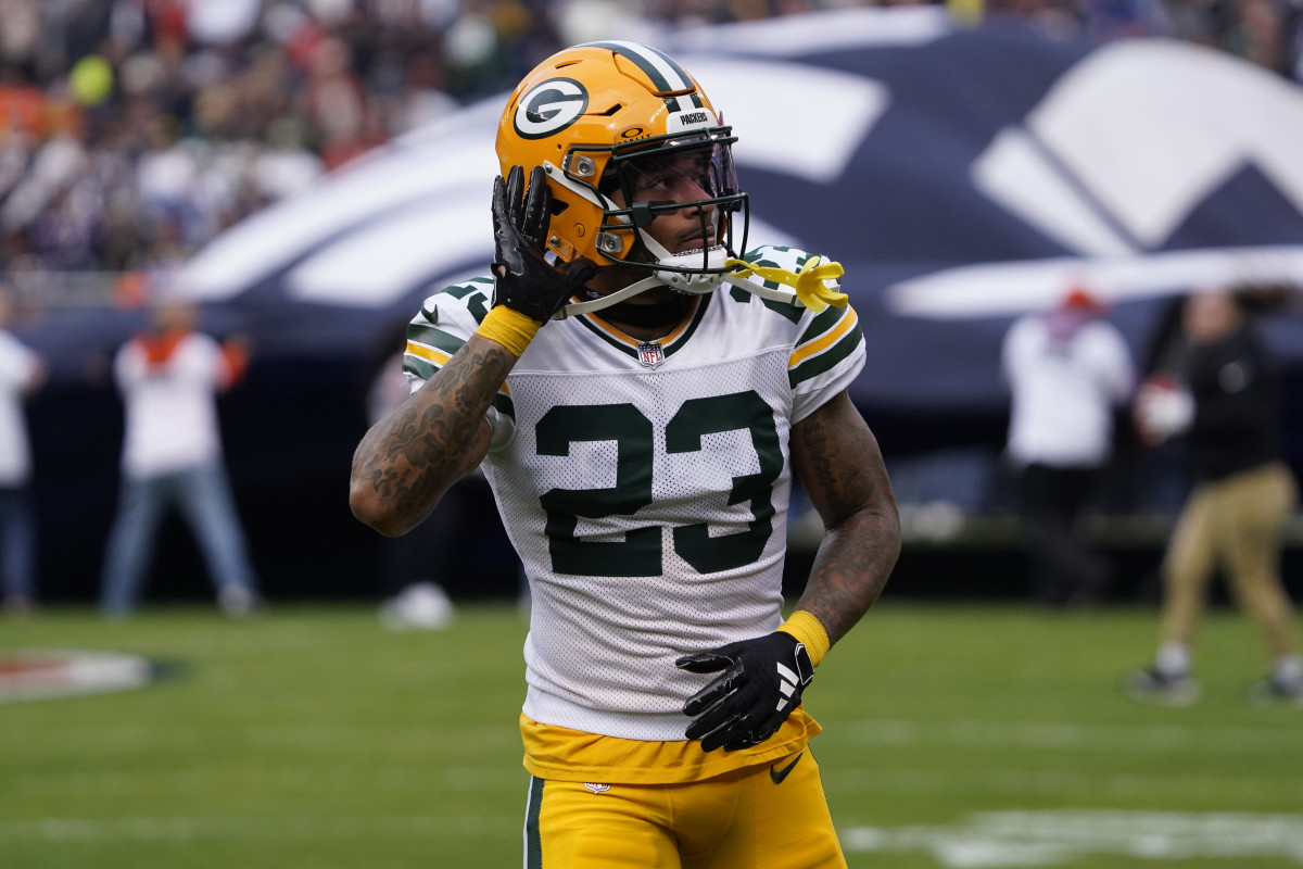 Jaire Alexander in Green Bay Packers uniform preparing for a play