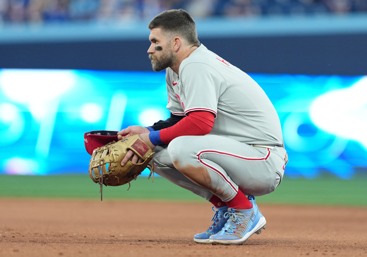 Philadelphia Phillies first baseman Bryce Harper (3) waits for the play to begin against the Toronto Blue Jays during the fifth inning at Rogers Centre.