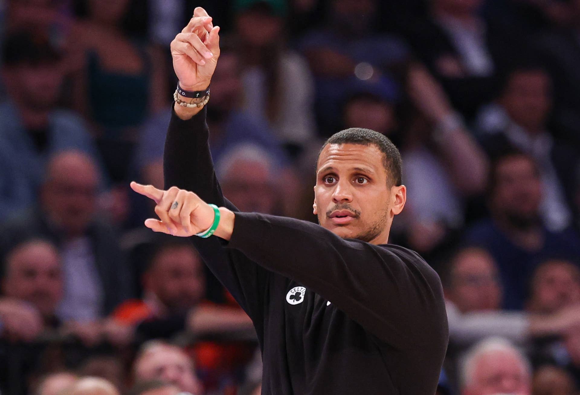 May 12, 2025; New York, New York, USA; Boston Celtics head coach Joe Mazzulla reacts in the second half during game four of the second round for the 2025 NBA Playoffs against the New York Knicks at Madison Square Garden. Mandatory Credit: Vincent Carchietta-Imagn Images  