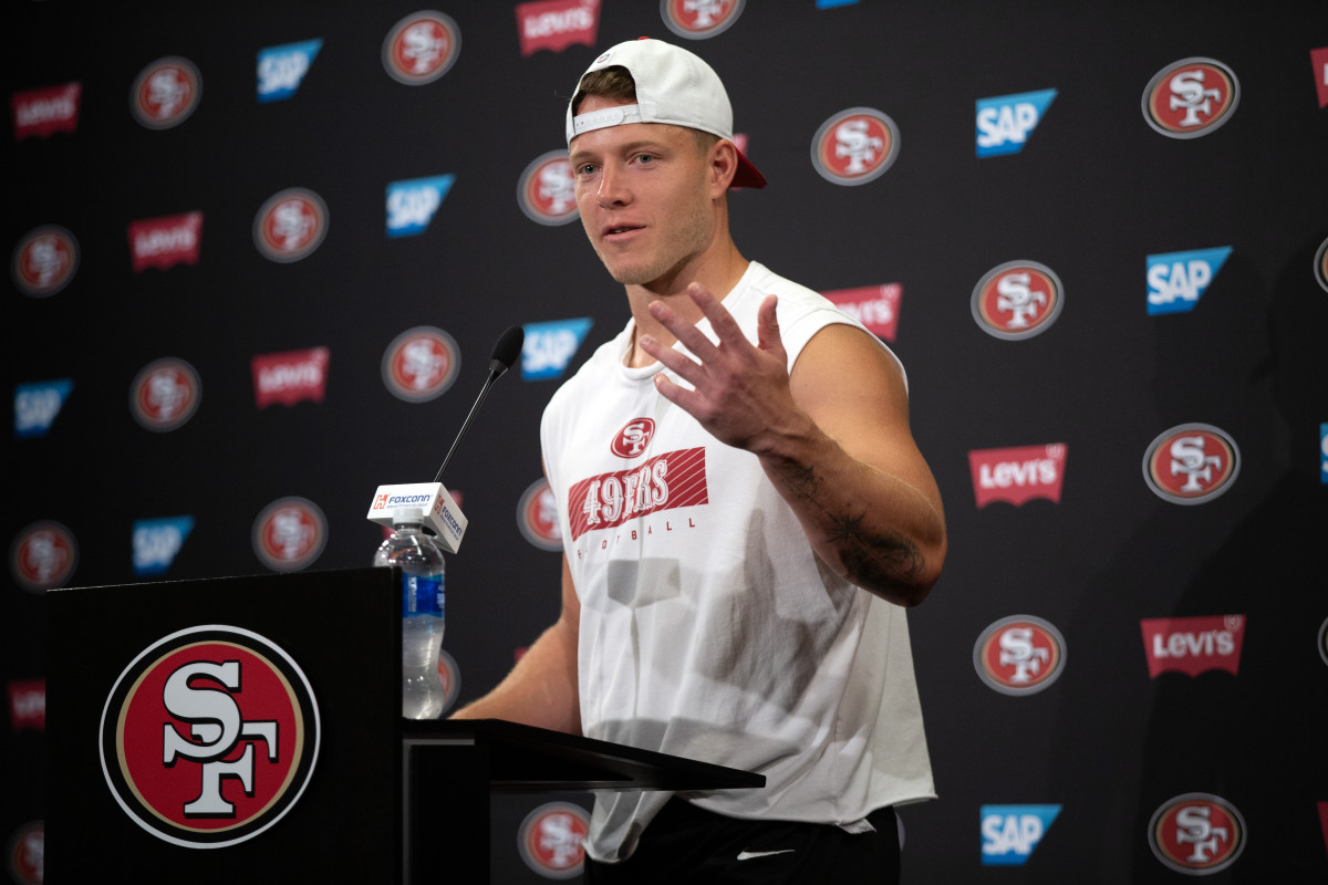 San Francisco 49ers running back Christian McCaffrey speaks to the media following a team OTA at Levi's Stadium.