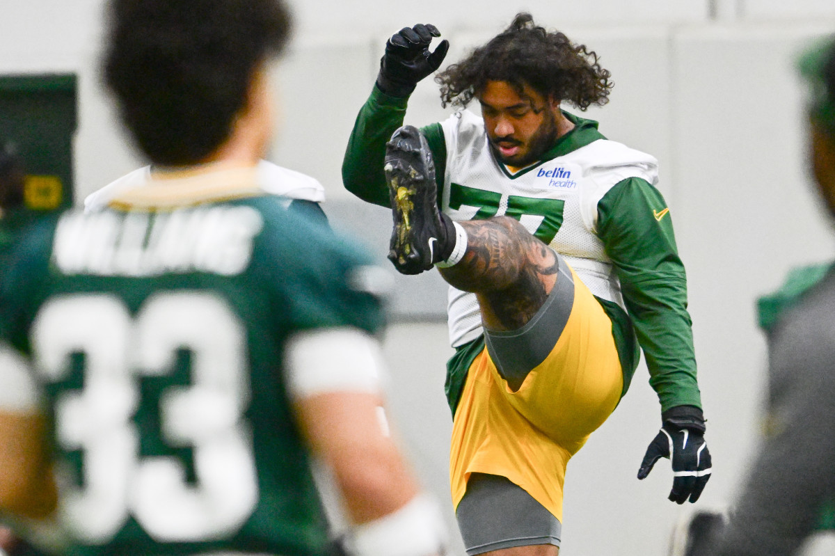 Green Bay Packers OT Jordan Morgan (77) participates in the team's minicamp at Ray Nitschke Field.