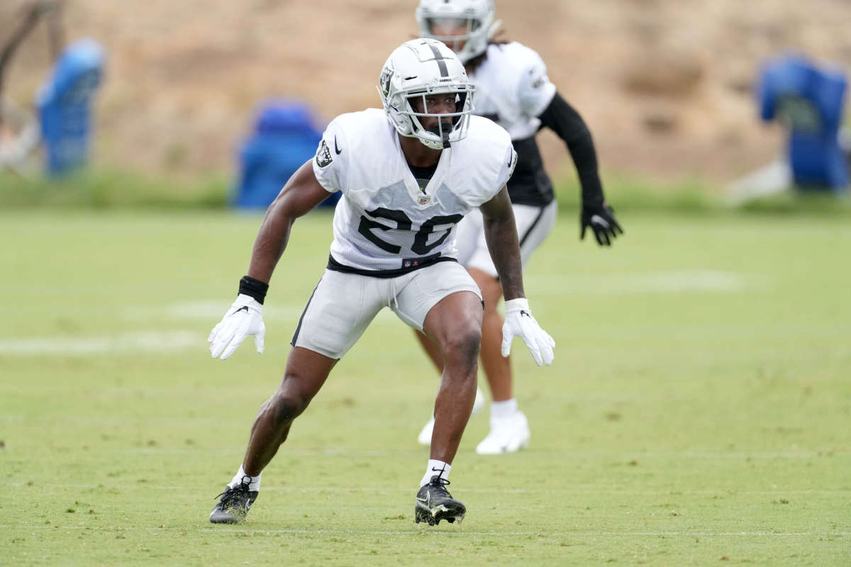 Las Vegas Raiders cornerback Damon Arnette (20) during a joint practice against the Los Angeles Rams.