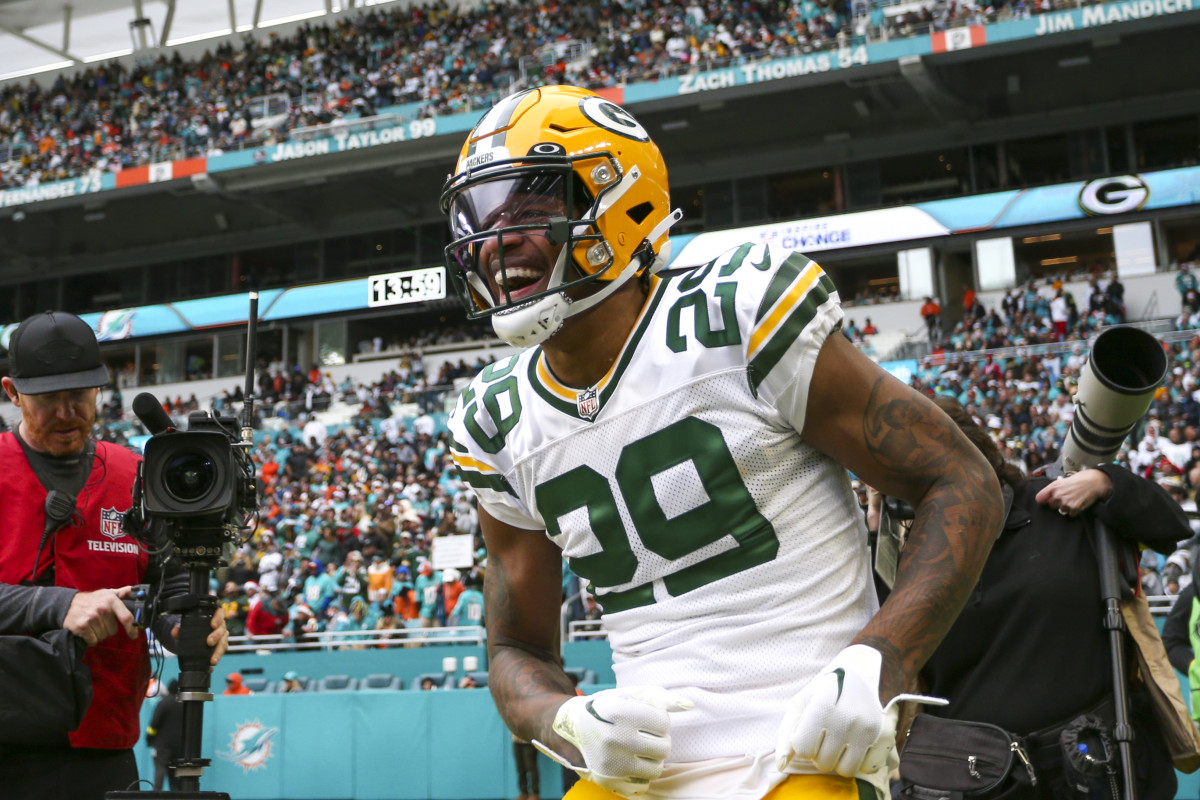 Former Green Bay Packers CB Rasul Douglas (29) celebrates after intercepting the football during the fourth quarter against the Miami Dolphins at Hard Rock Stadium