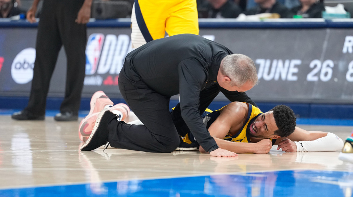 Indiana Pacers guard Tyrese Haliburton reacts after suffering an injury against the Oklahoma City Thunder during Game 7 of the 2025 NBA Finals at Paycom Center on June 22, 2025.