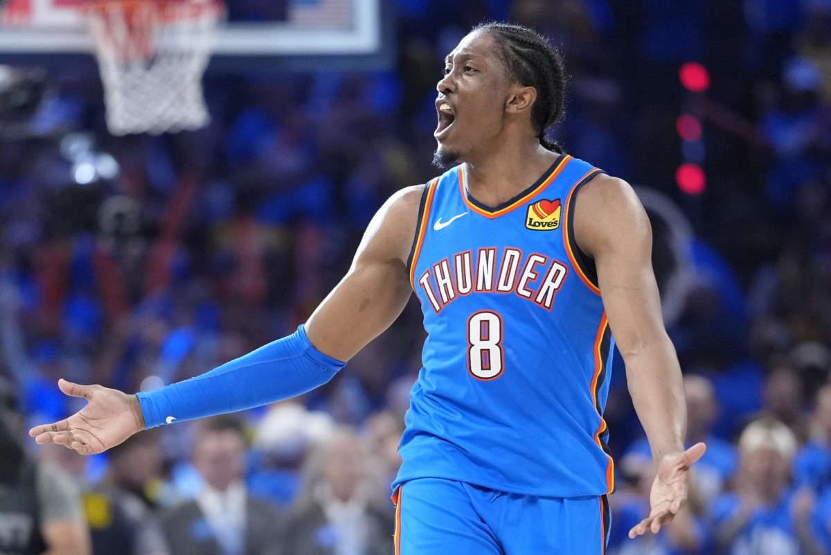 Oklahoma City Thunder forward Jalen Williams reacts after a play during Game 7 of the 2025 NBA Finals against the Indiana Pacers at Paycom Center on June 22, 2025.