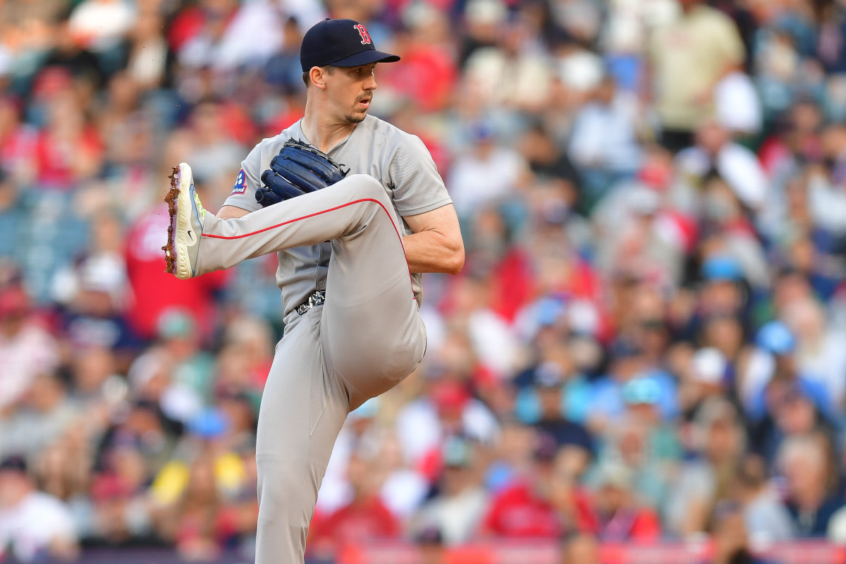 Boston Red Sox pitcher Walker Buehler (0) throws against the Los Angeles Angels during the first inning at Angel Stadium.