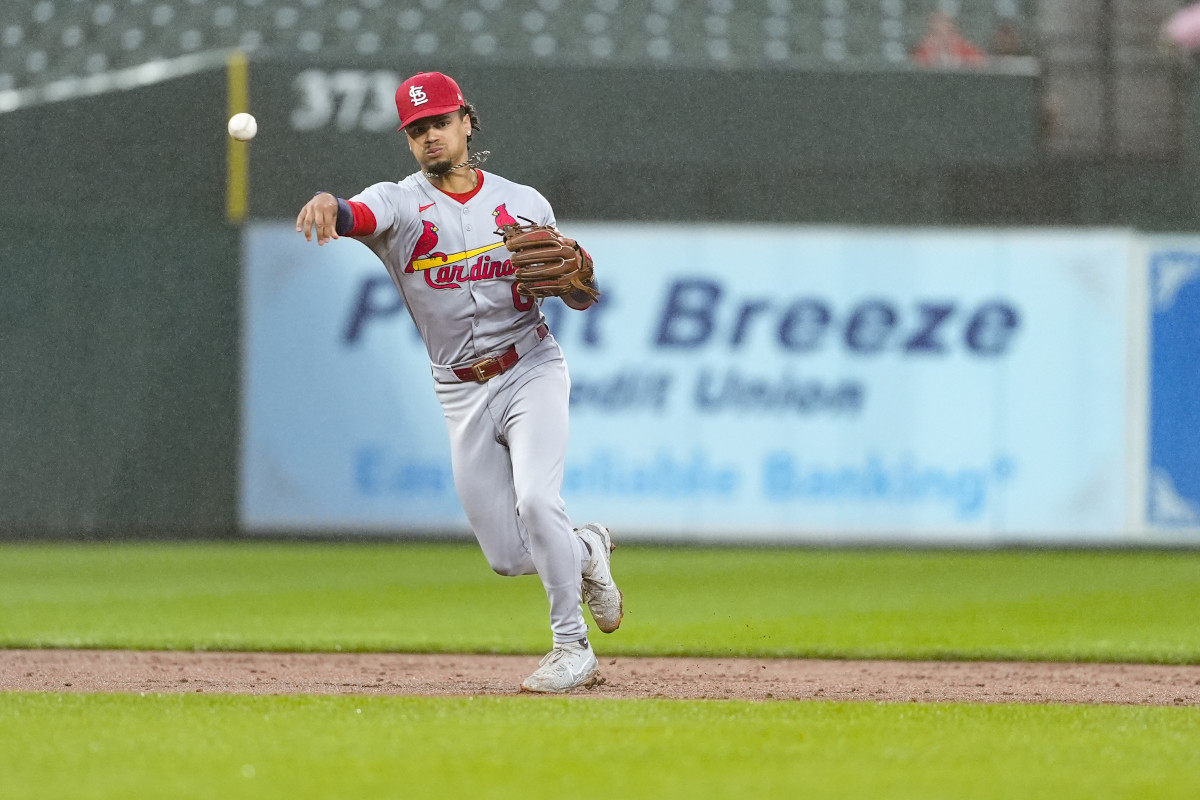 St. Louis Cardinals shortstop Masyn Winn (0) throws out Baltimore Orioles catcher Maverick Handley (98) (not pictured) after fielding a ground ball during the second inning at Oriole Park at Camden Yards.