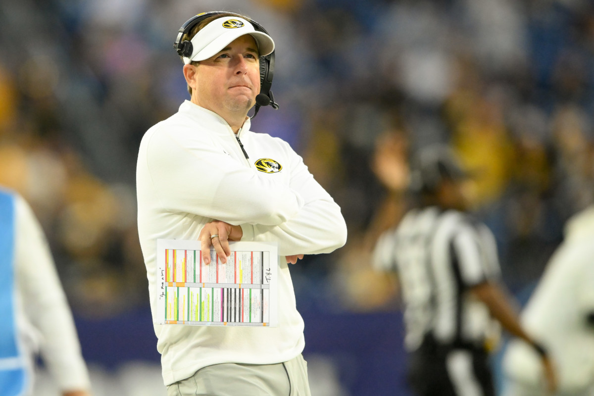Missouri Tigers head coach Eliah Drinkwitz watches the clock against the Iowa Hawkeyes during the second half at Nissan Stadium.