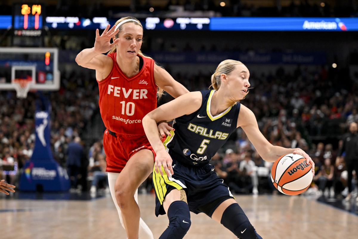 Dallas Wings guard Paige Bueckers (5) and Indiana Fever guard Lexie Hull (10).