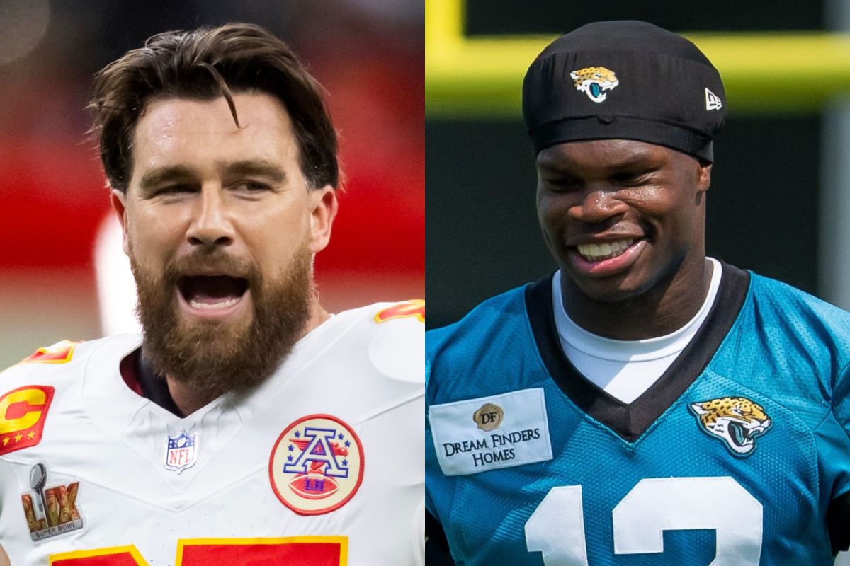 Kansas City Chiefs tight end Travis Kelce (left) and Jacksonville Jaguars rookie Travis Hunter (right).