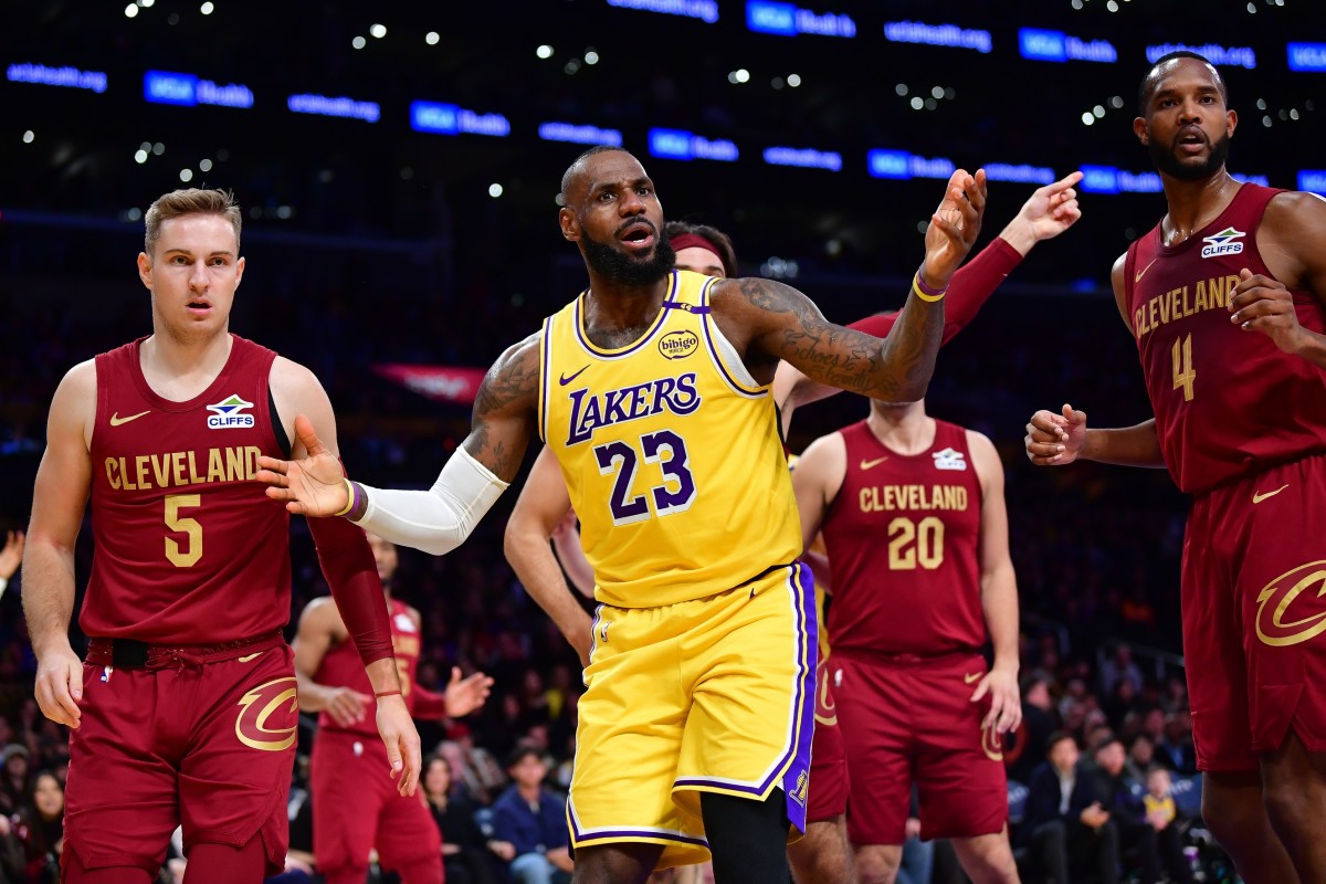Los Angeles Lakers forward LeBron James (23) reacts during the first half at Crypto.com Arena. Mandatory Credit: Gary A. Vasquez-Imagn Images