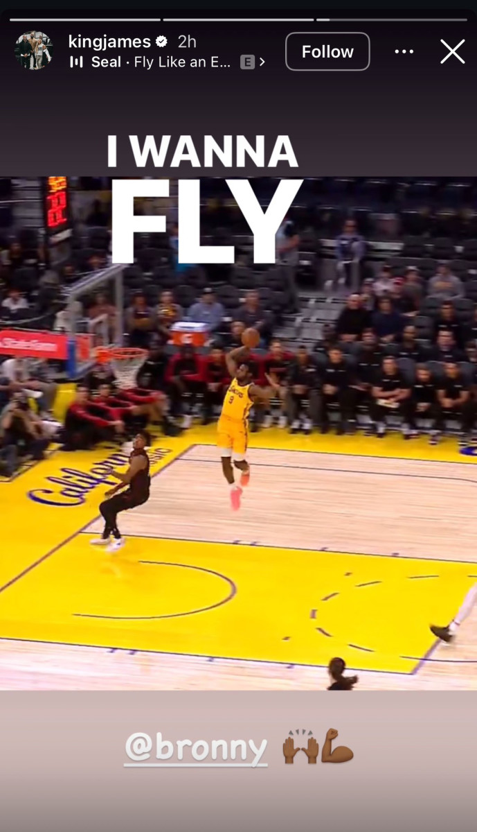 Los Angeles Lakers star LeBron James reacts to his son Bronny James' viral slam dunk.
