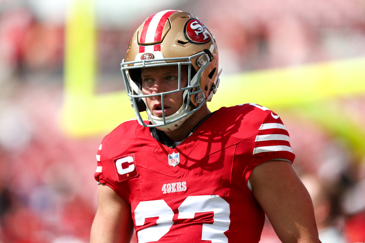 San Francisco 49ers running back Christian McCaffrey (23) warms up before a game against the Tampa Bay Buccaneers at Raymond James Stadium.