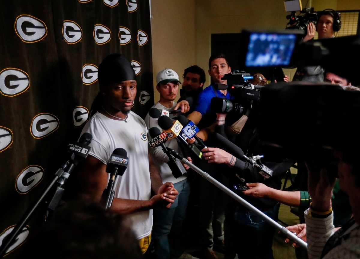 Green Bay Packers rookie wide receiver Savion Williams is interviewed by the media during rookie minicamp. 