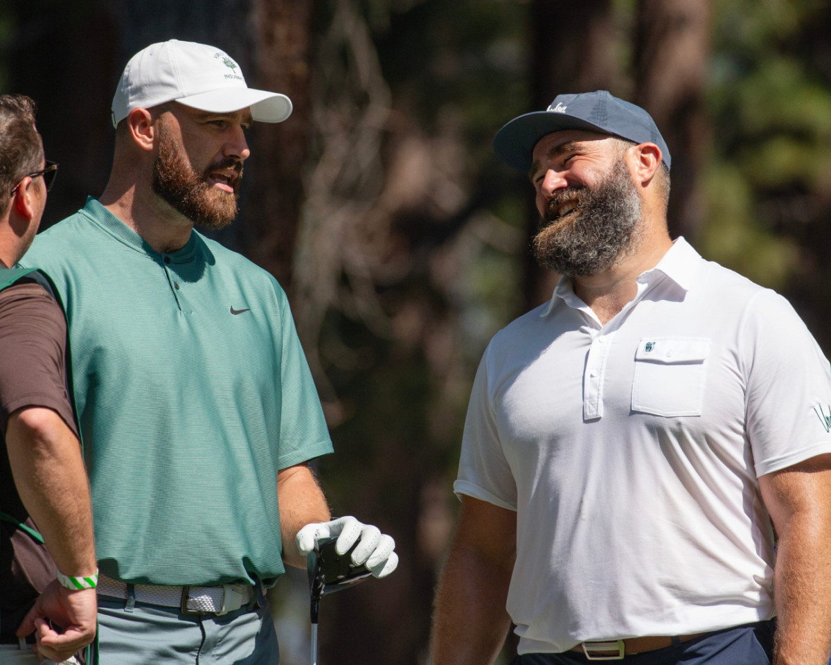 Travis Kelce (L) and brother Jason Kelce at American Century Celebrity Championship on July 12, 2024.