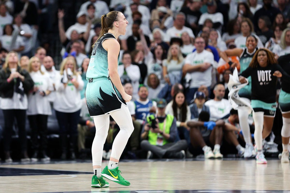 New York Liberty guard Sabrina Ionescu after hitting a game-winning 3-pointer in Game 3 of the WNBA Finals.