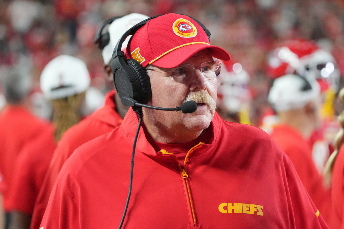 Kansas City Chiefs head coach Andy Reid watches play against the Chicago Bears during the first half at GEHA Field at Arrowhead Stadium.