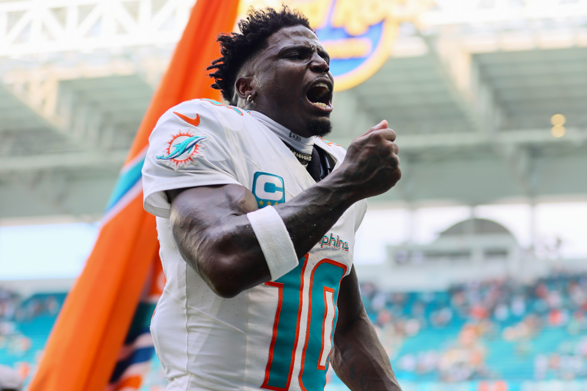 Sep 8, 2024; Miami Gardens, Florida, USA; Miami Dolphins wide receiver Tyreek Hill (10) reacts after the game against the Jacksonville Jaguars at Hard Rock Stadium. Mandatory Credit: Sam Navarro-Imagn Images