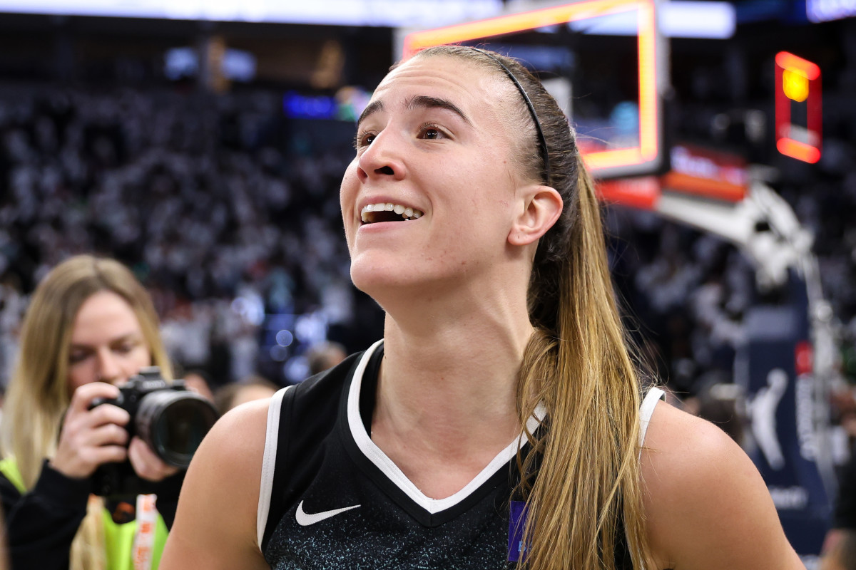 New York Liberty guard Sabrina Ionescu celebrates after Game 3 of the WNBA Finals.