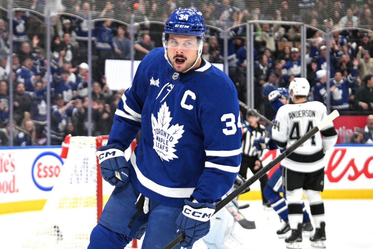 Toronto Maple Leafs forward Auston Matthews (34) celebrates after scoring a goal.