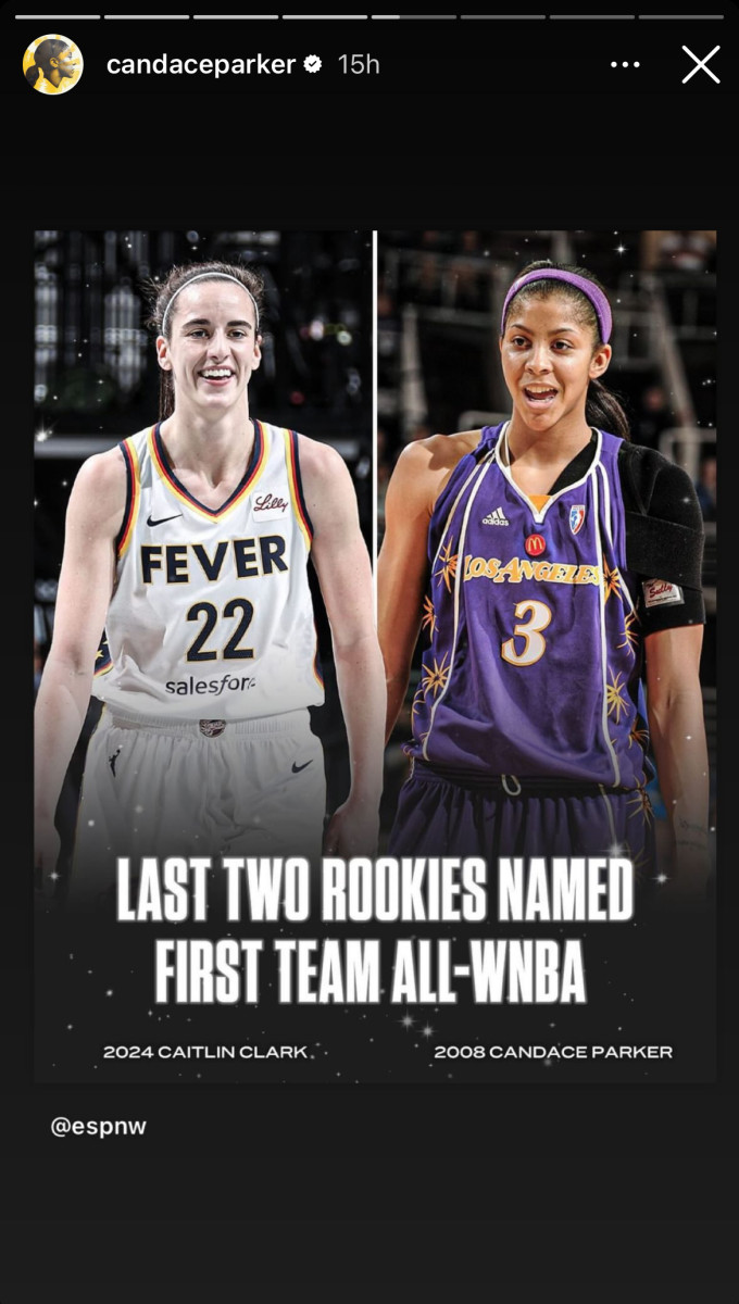 WNBA legend Candace Parker reacts to Indiana Fever guard Caitlin Clark making All-WNBA