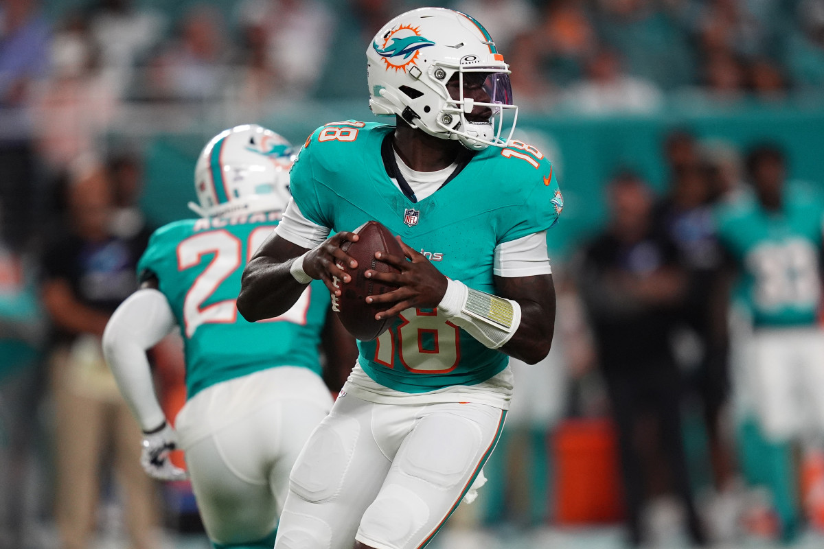 Sep 30, 2024; Miami Gardens, Florida, USA; Miami Dolphins quarterback Tyler Huntley (18) drops back before attempting a pass against the Tennessee Titans during the first half at Hard Rock Stadium. Mandatory Credit: Jasen Vinlove-Imagn Images