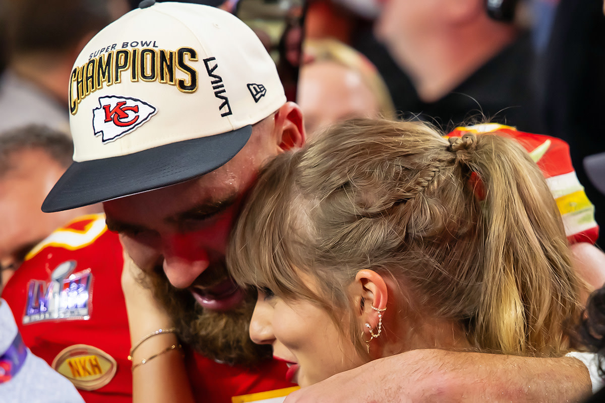 Chiefs tight end Travis Kelce and Taylor Swift celebrate at Allegiant Stadium after the 2024 Super Bowl.