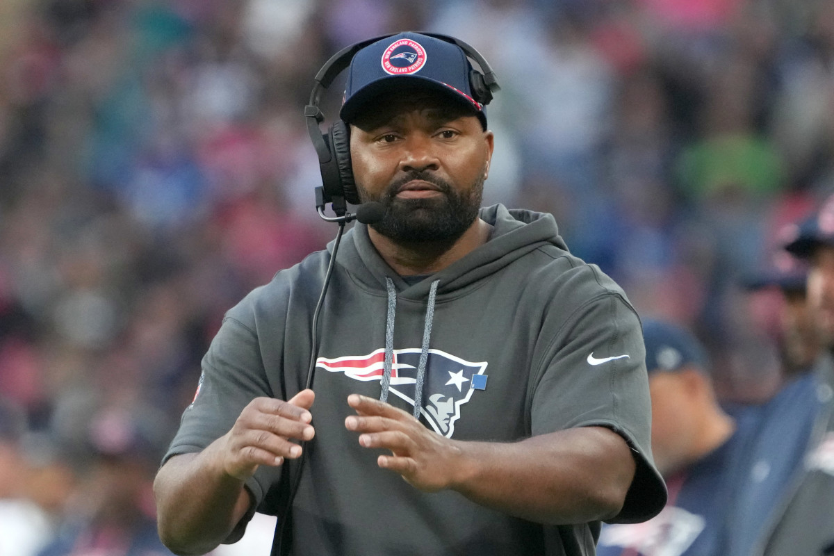 Oct 20, 2024; London, United Kingdom; New England Patriots coach Jerod Mayo watches from the sidelines against the New England Patriots in the second half of an NFL International Series game at Wembley Stadium. Mandatory Credit: Kirby Lee-Imagn Images