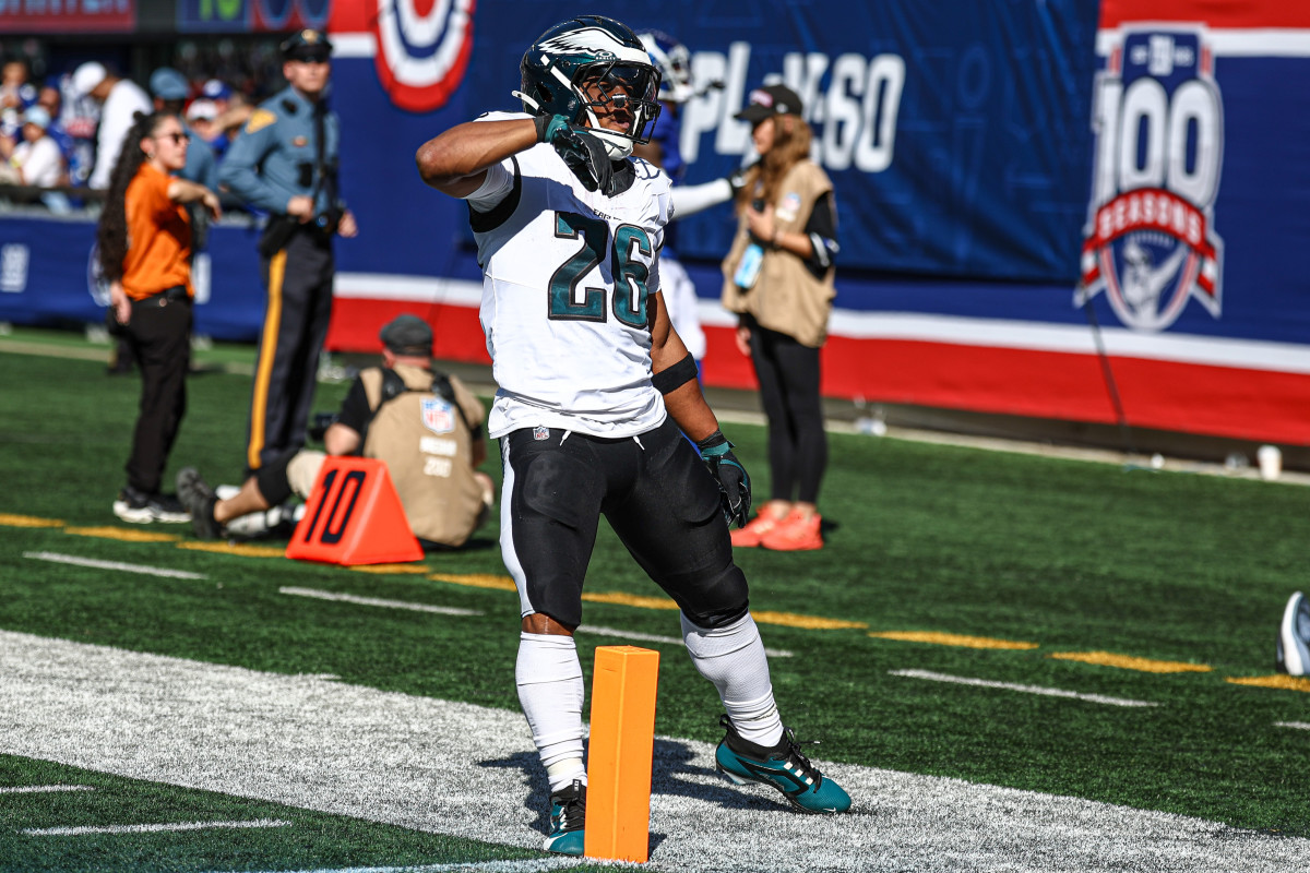 Philadelphia Eagles running back Saquon Barkley (26) celebrates after a long run.