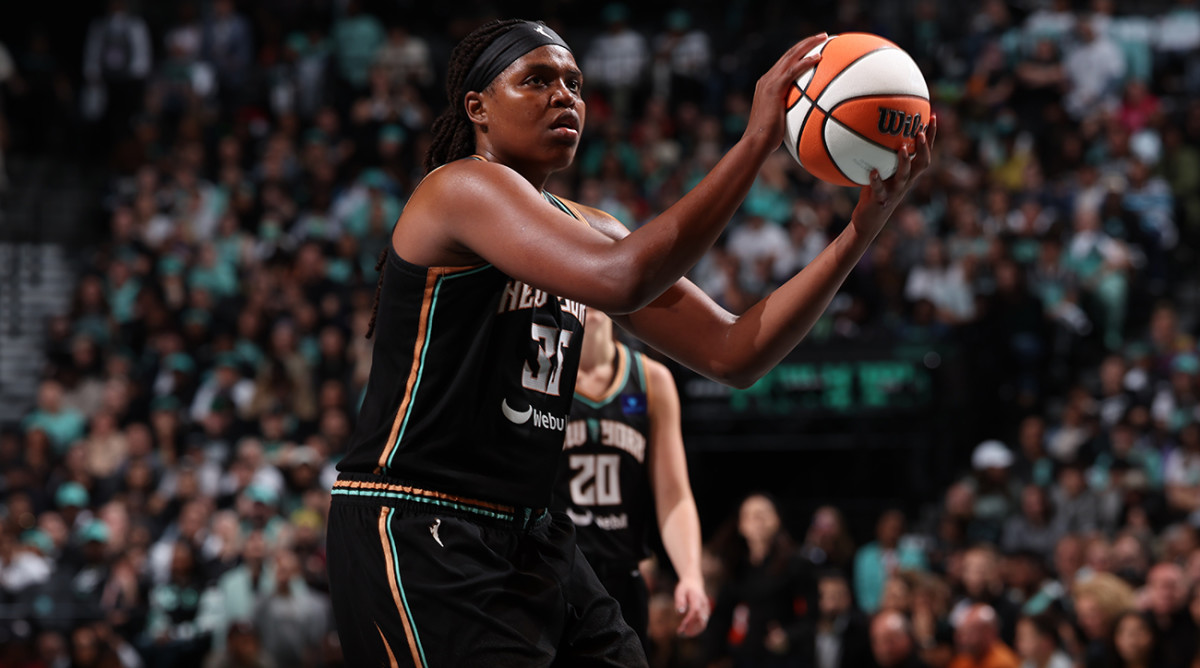 Jonquel Jones of the New York Liberty shoots a free throw during Game 5 of the WNBA Finals against the Minnesota Lynx on Oct. 20, 2024, at Barclays Center.