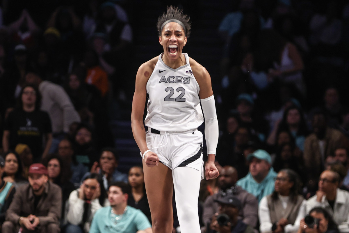 Aces superstar A'ja Wilson reacts during a playoff game against the Liberty.