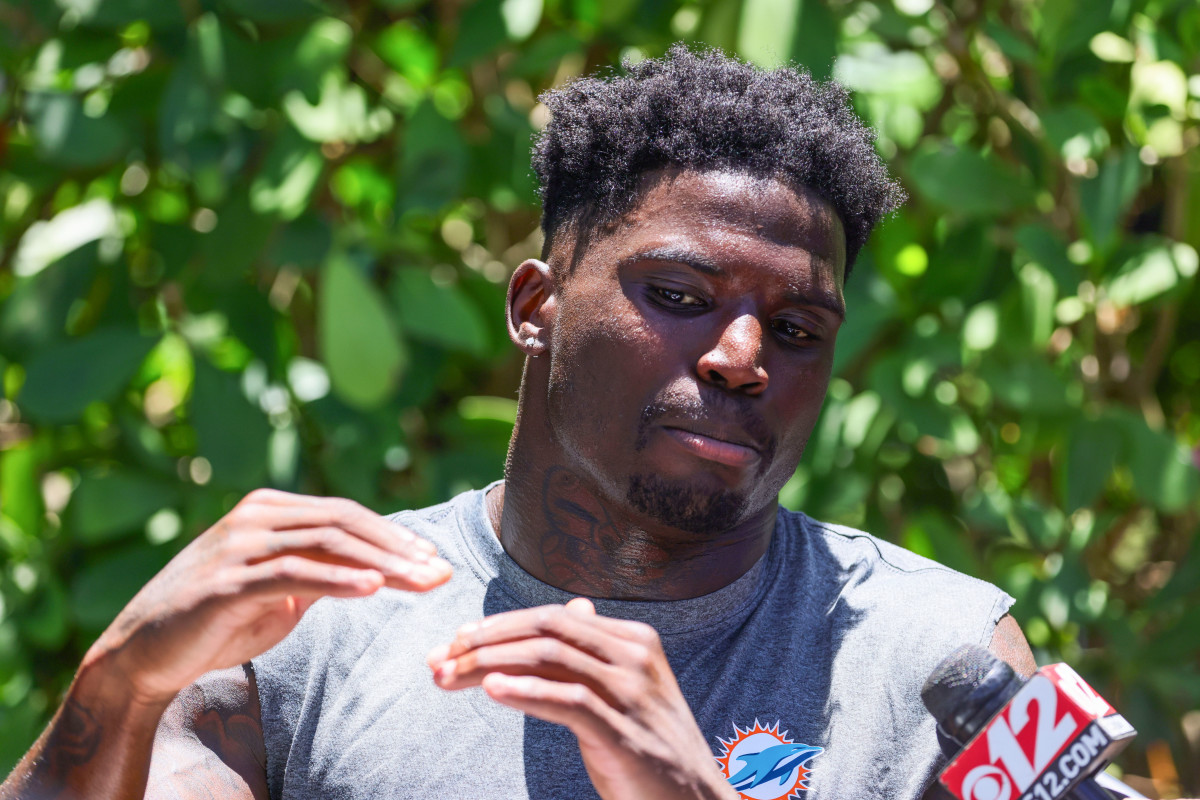 Jun 4, 2024; Miami Gardens, FL, USA; Miami Dolphins wide receiver Tyreek Hill (10) speaks to reporters during mandatory minicamp at Baptist Health Training Complex. Mandatory Credit: Sam Navarro-Imagn Images