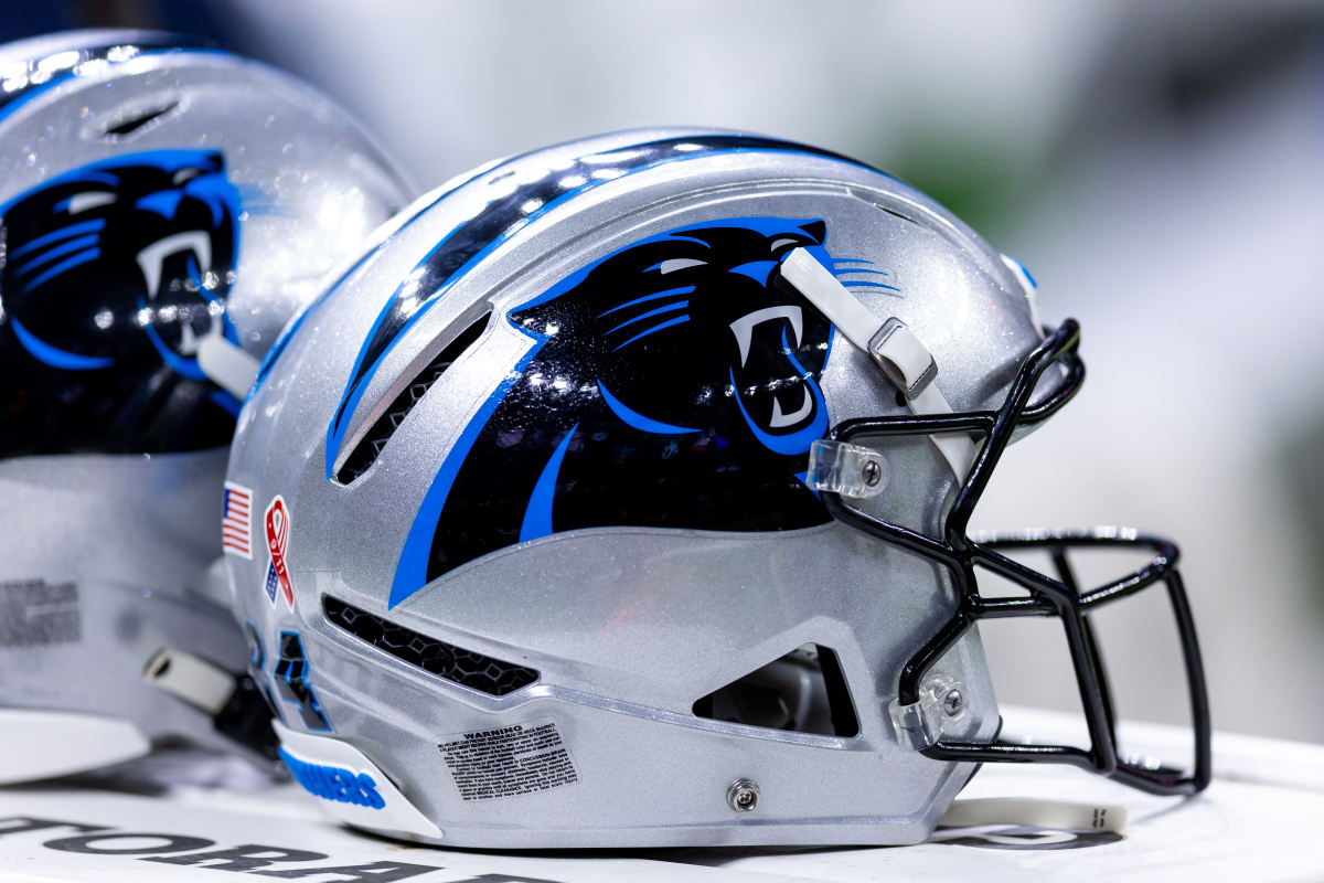 Detailed view of the Carolina Panthers helmet against the New Orleans Saints during the pregame at Caesars Superdome.