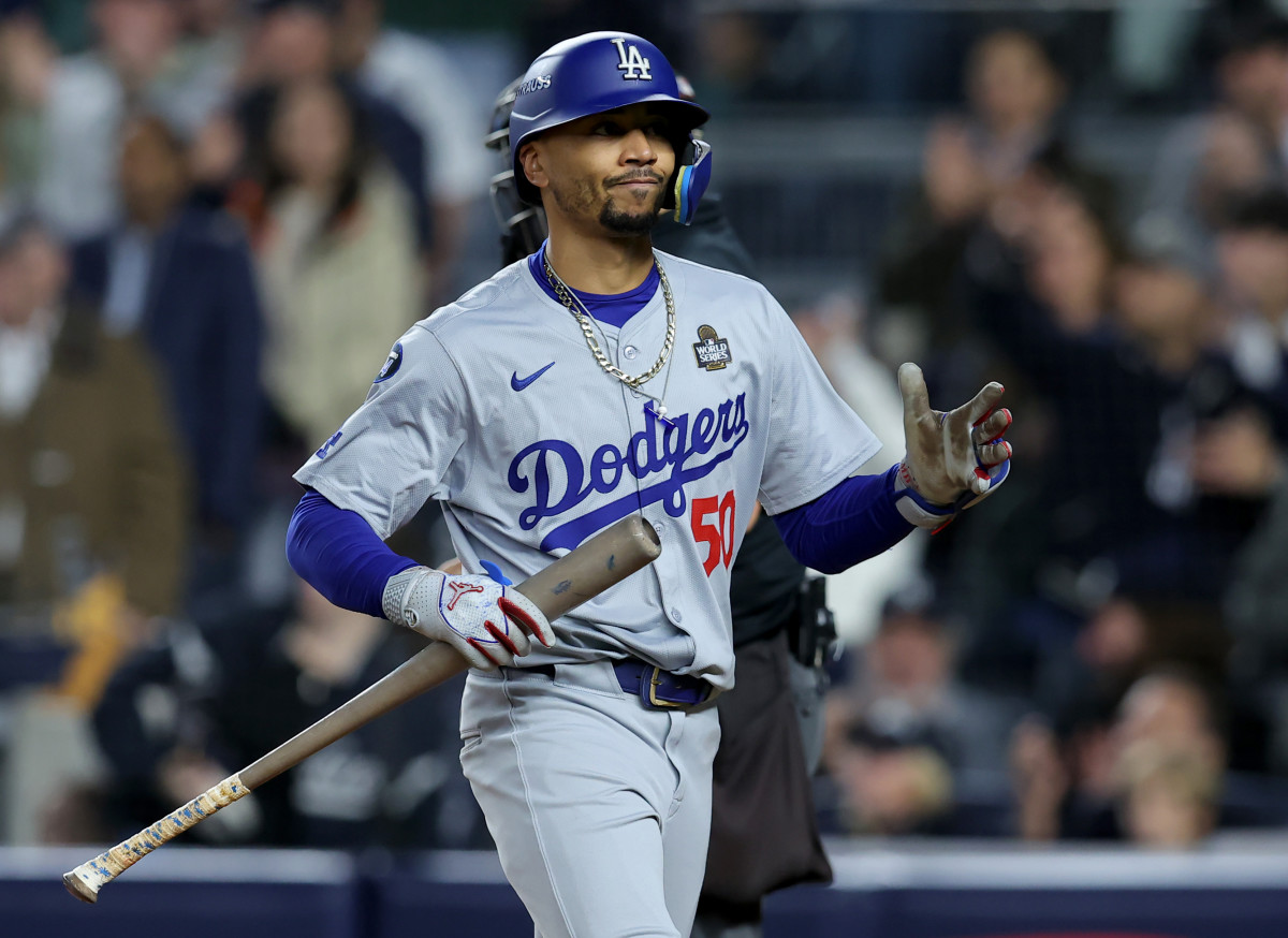 Oct 29, 2024; New York, New York, USA; Los Angeles Dodgers shortstop Mookie Betts (50) reacts after striking out during the seventh inning against the New York Yankees in game four of the 2024 MLB World Series at Yankee Stadium. Mandatory Credit: Brad Penner-Imagn Images