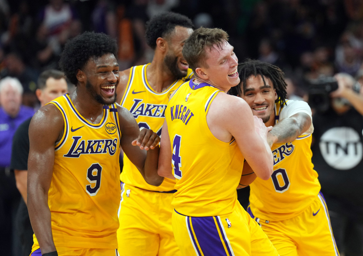 Los Angeles Lakers guards Bronny James (9), Dalton Knecht (4) and Jalen Hood-Schifino (0).