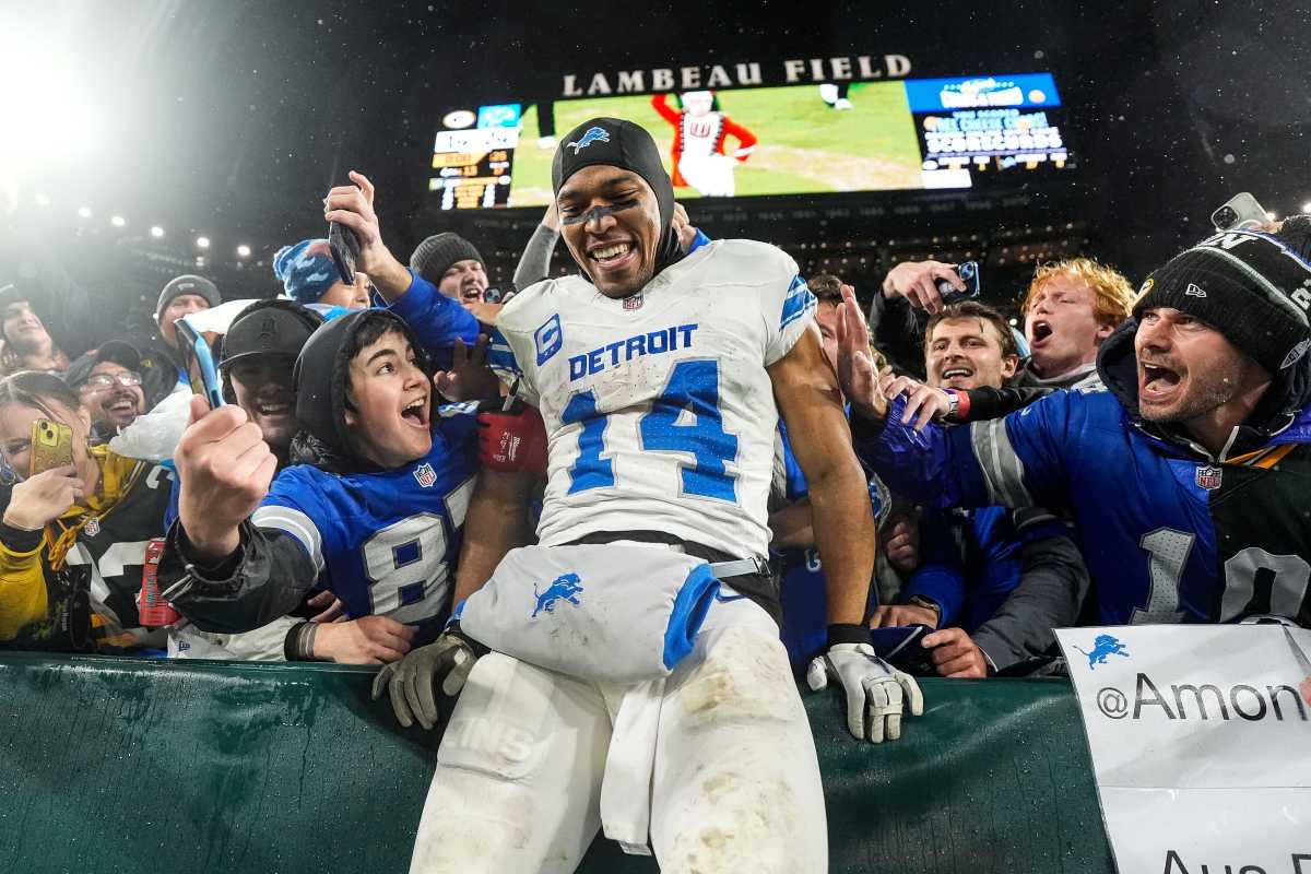 Detroit Lions wide receiver Amon-Ra St. Brown (14) leaps into Lions fans as they celebrate 24-14 win over Green Bay Packers at Lambeau Field in Green Bay, Wis. on Sunday, Nov. 3, 2024.