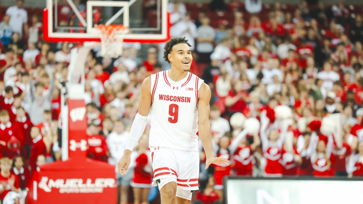 November 4, 2024 - John Tonje celebrates during Wisconsin's 85-61 victory over Holy Cross.