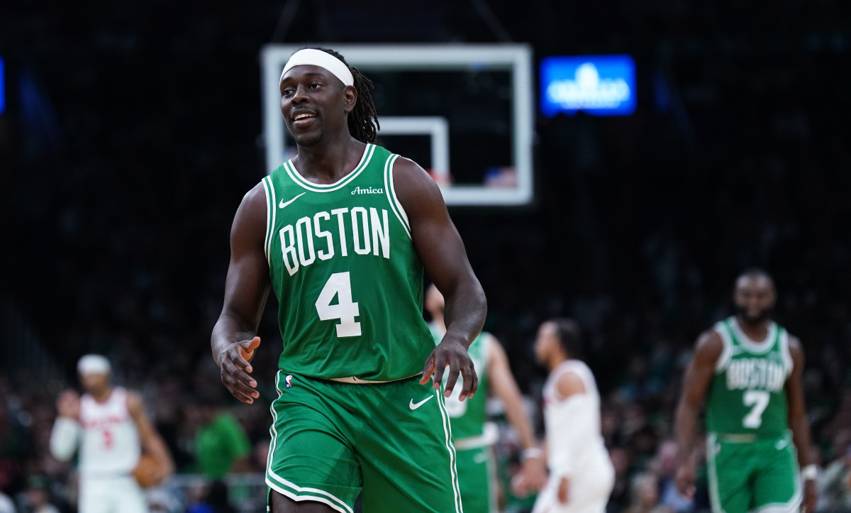 Boston Celtics guard Jrue Holiday reacts after making a three-point basket against the New York Knicks on Oct. 22.