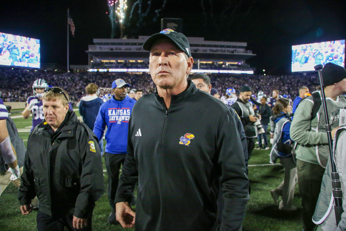 Kansas Jayhawks head coach Lance Leipold walks off the field.