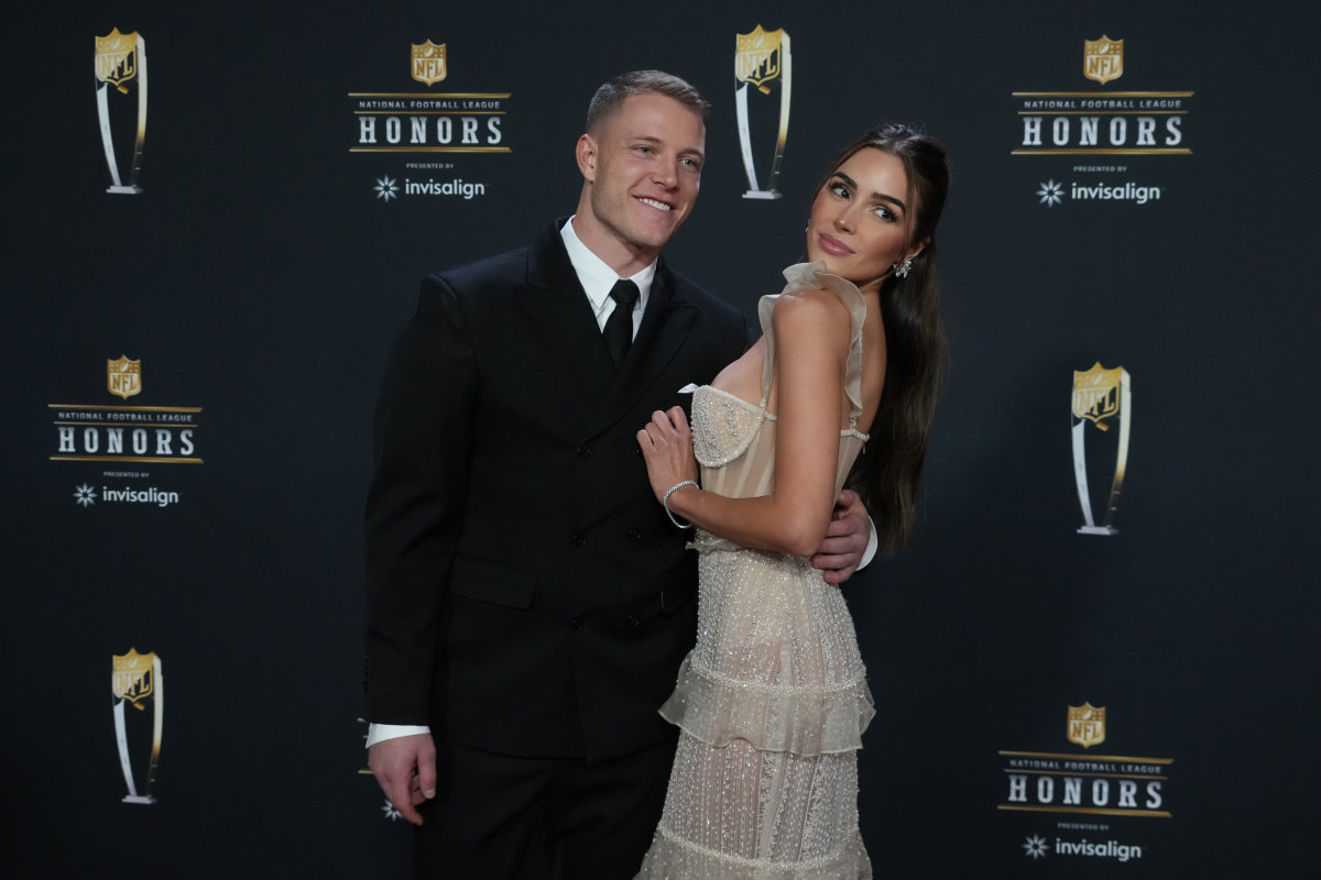 San Francisco 49ers star Christian McCaffrey and his wife, Olivia Culpo at the NFL Honors on February 9, 2023.