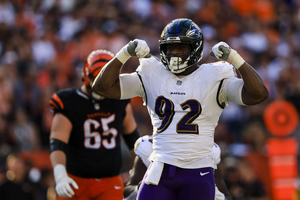 Oct 6, 2024; Cincinnati, Ohio, USA; Baltimore Ravens defensive tackle Nnamdi Madubuike (92) reacts after sacking Cincinnati Bengals quarterback Joe Burrow (not pictured) in the second half at Paycor Stadium. Mandatory Credit: Katie Stratman-Imagn Images