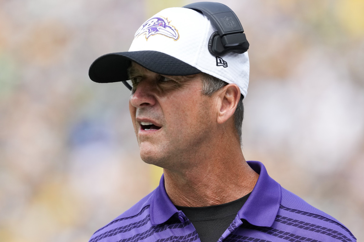 Aug 24, 2024; Green Bay, Wisconsin, USA; Baltimore Ravens head coach John Harbaugh looks on during the first quarter against the Green Bay Packers at Lambeau Field. Mandatory Credit: Jeff Hanisch-Imagn Images