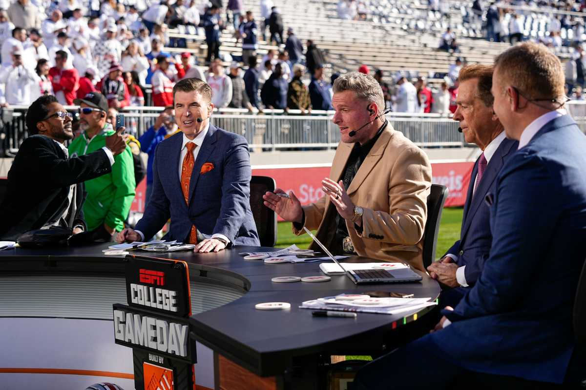 The ESPN College Gameday crew, from left, Desmond Howard, Rece Davis, Pat McAfee, Nick Saban and Kirk Herbstreit