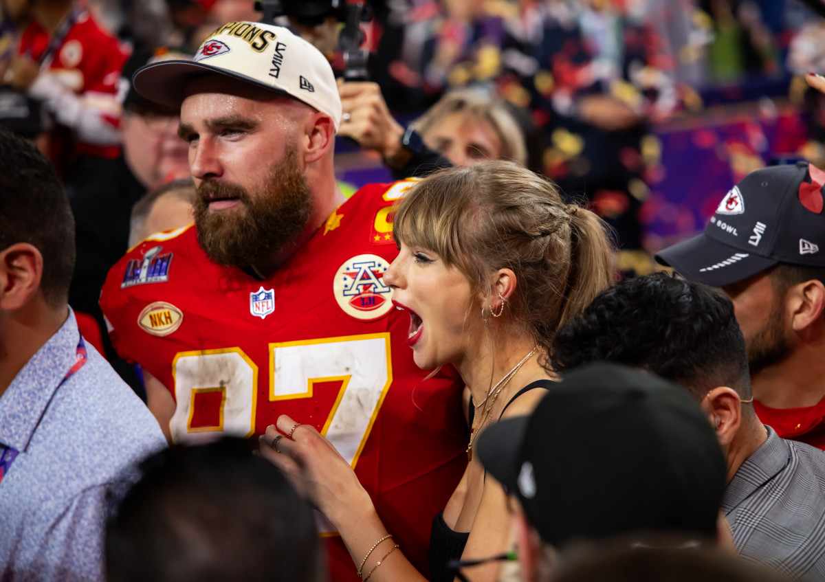 Chiefs tight end Travis Kelce and Taylor Swift at Allegiant Stadium after the 2024 Super Bowl.